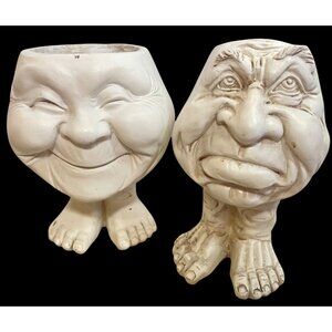 Set Of 2 White Ceramic Face Planters With Feet